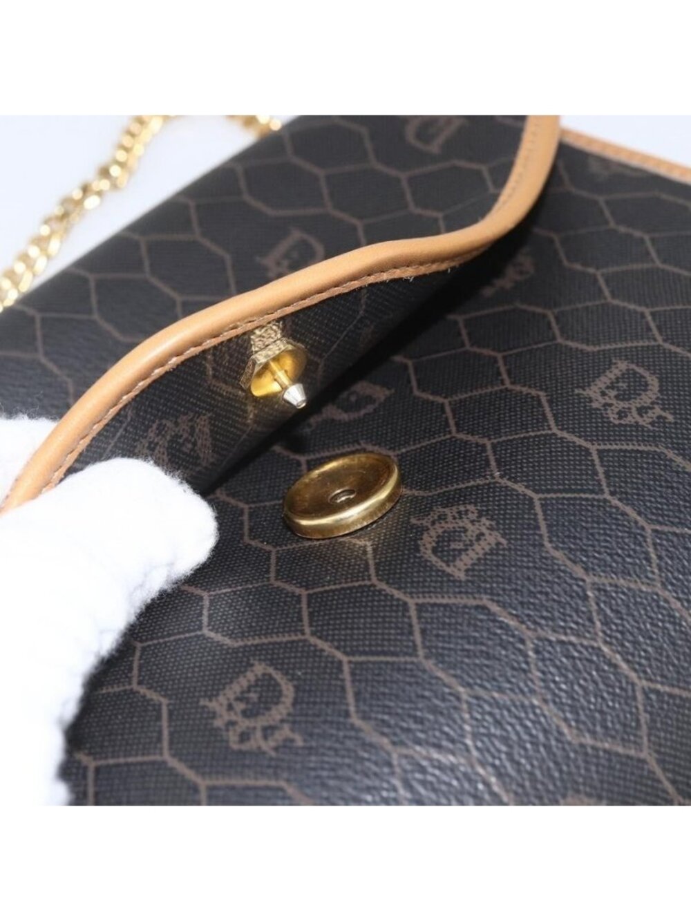 Authentic Christian Dior Honeycomb Canvas Chain Shoulder Bag Black Gold - Picture 6 of 16